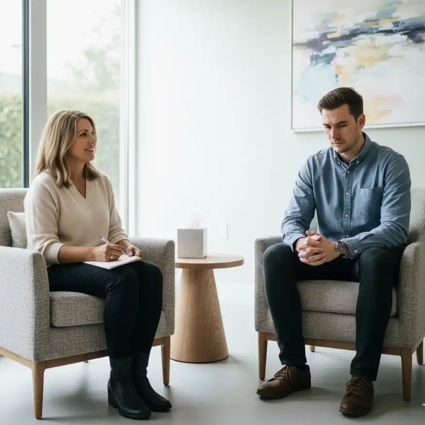 Therapist and client in a comfortable face-to-face counselling session