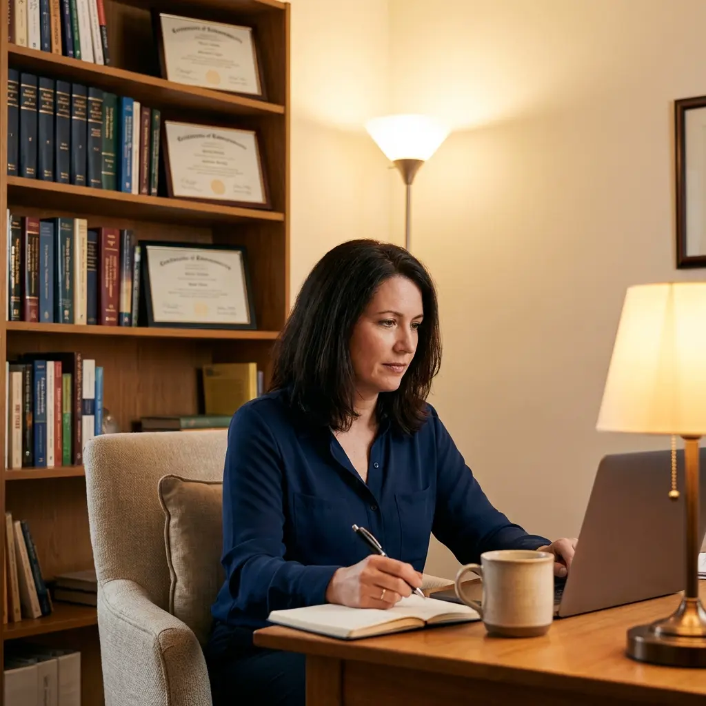 Professional online supervision session with therapist taking notes
