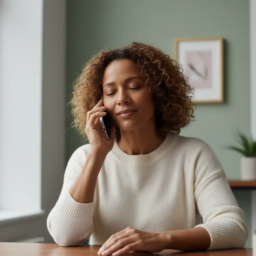 Person having a telephone counselling session in a comfortable home environment