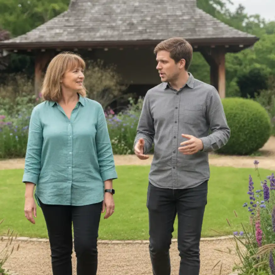 Therapist and client walking together outdoors in a peaceful natural setting
